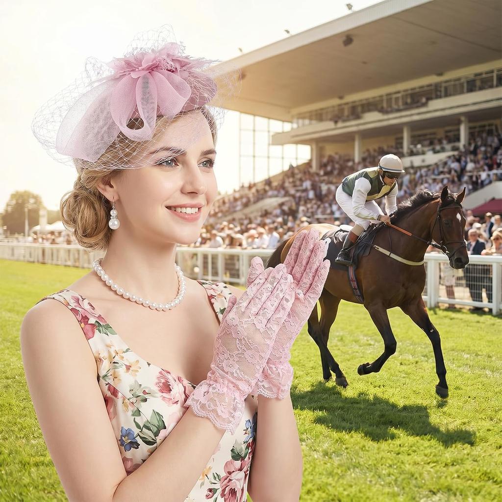 7 PCS Tea Party Accessories for Women, Pink Tea Party Hat, Including Gloves Necklace Bracelet Earrings for Women 1920s Vintage Attire Accessories