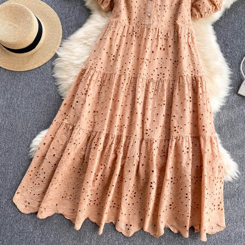 New Elegant Hollow Out Embroidered Polo Bubble Sleeves Loose Bohemian Vacation Dress Womecasual Dresses for Women