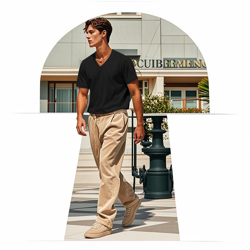 Мужская трикотажная футболка однотонного цвета с короткими рукавами и V-образным вырезом, повседневная летняя базовая футболка узкого кроя