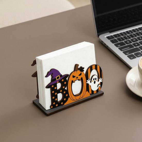 Holiday Gift for Kids Halloween Wooden BOO Napkin Holder, Cartoon Ghost Pumpkin Witch Hat Paper Towel Table Decor Wood Centerpiece Home Party & Dining