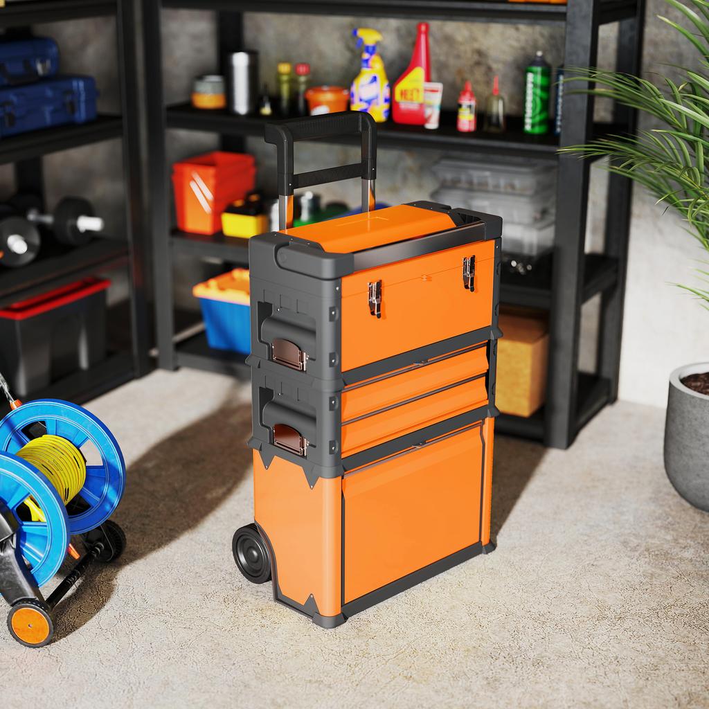 3 In 1 Stackable Rolling Tool Box Orange
