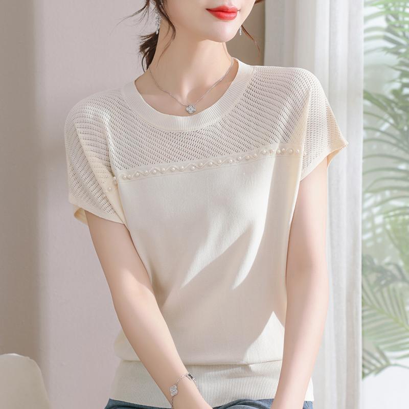 Summer Women's Knitted Shirt Top Short Sleeve Thin Ice Silk T-shirt Versatile and Loose