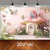 2D Enchanted Mushroom Cottage Backdrop, Pink Fairy Garden Party Background Cloth