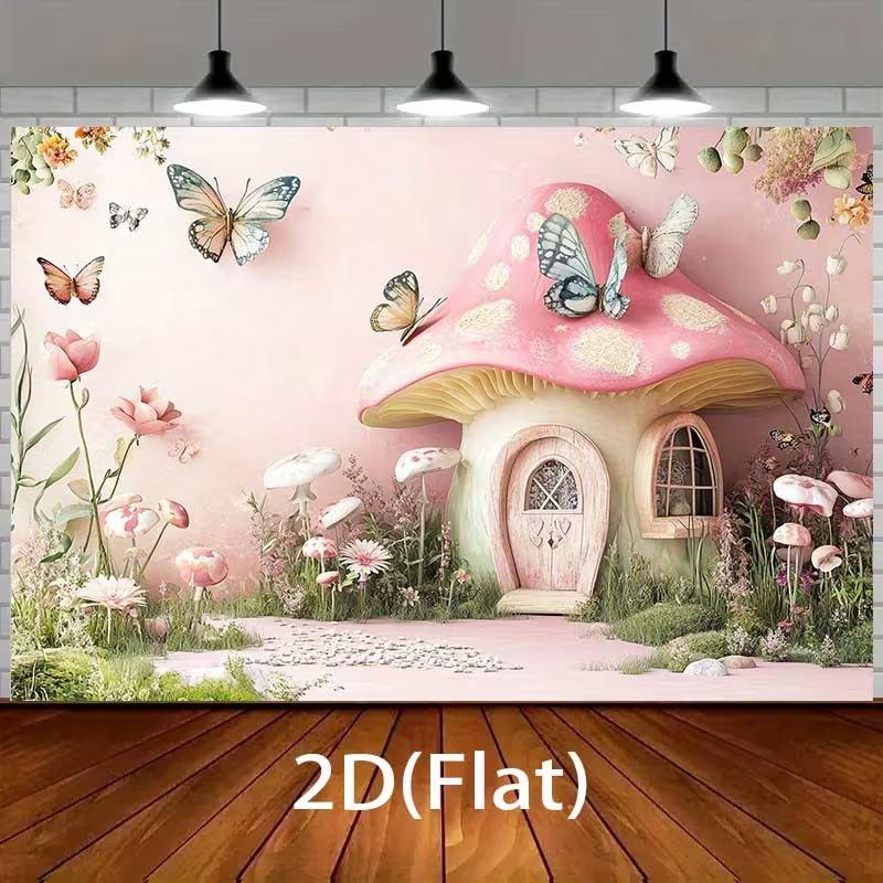 2D Enchanted Mushroom Cottage Backdrop, Pink Fairy Garden Party Background Cloth