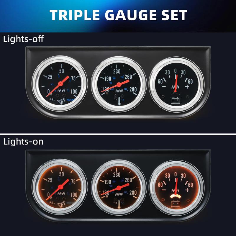 * Car LED 3 IN 1 Gauge Meter Oil Pressure Gauge 0-100PSI + Water Temperature Meter + Ammeter Meter with Sensor for 12V Universal