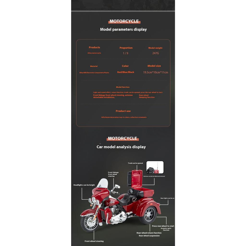 1/9 DAVIDSON Литая модель мотоцикла из сплава Симуляция звука и света Детские игрушки Подарок мальчику на день рождения