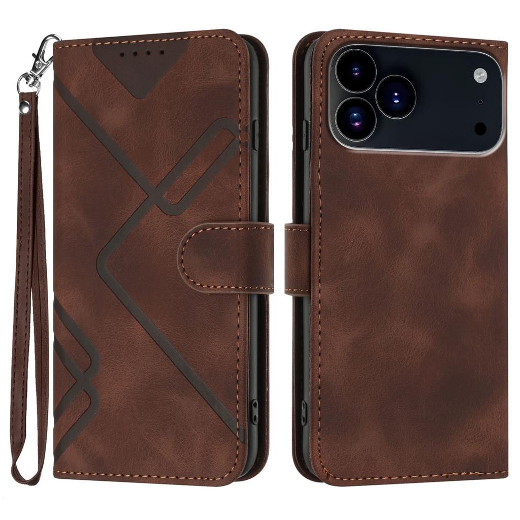 For iPhone 17 Pro Max Wallet Case Line Imprinted PU Leather Phone Cover with Strap
