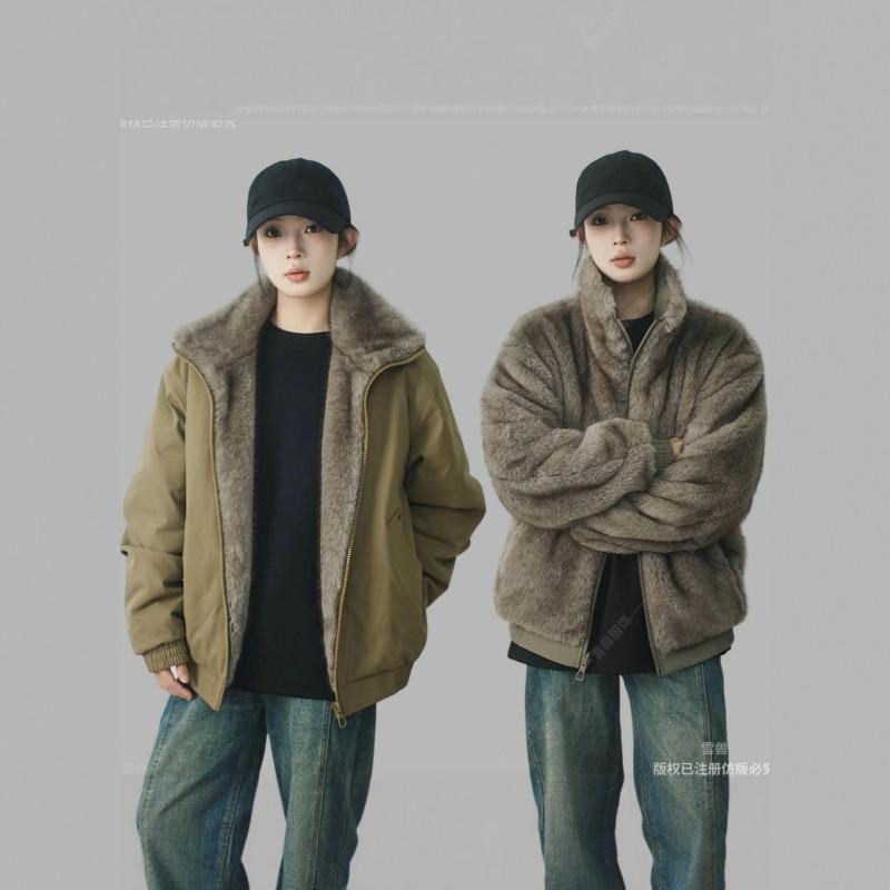 Reversible Warm Thickened Stand Collar Cotton Jacket Men Women Loose Fit Winter Outerwear In Black Gray Khaki