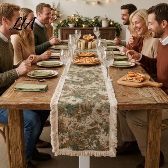 Heat Resistant Table Protector Floral Jacquard Runner, Boho Fringed Retro Linen Farmhouse Cover for Dining Table, Home Party Decor Autumnal Accents