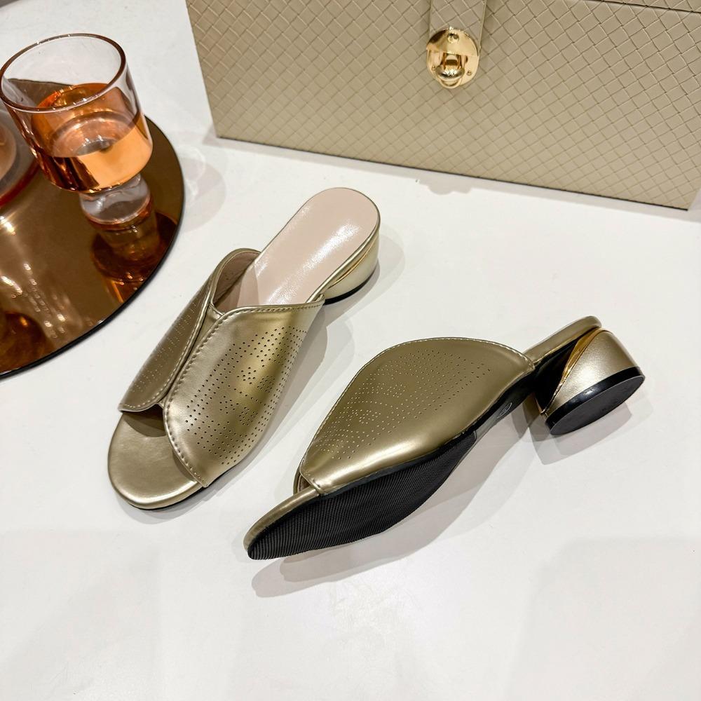 Summer Slipper for Women Gold Elegant Low Heels Slipper Silver Soft Leather High-Heeled Sandals Casual Shoes Size 35--43