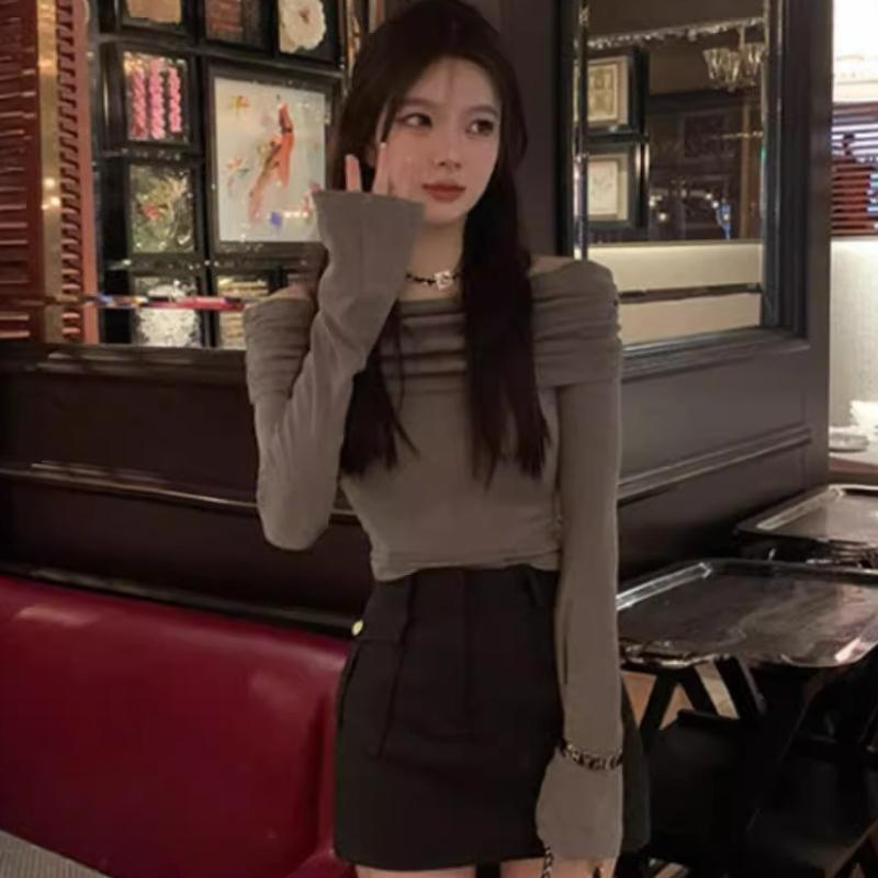 Весенняя новинка с длинным рукавом и вырезом-лодочкой, сексуальная женская модная элегантная футболка с открытыми плечами, женская уличная облегающая плиссированная женская футболка 26058