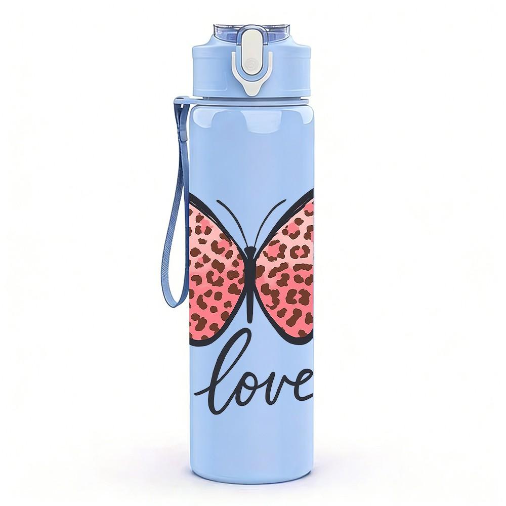 1PC Pink Butterfly Love 750ml Color Plastic Sports Water Bottle Leakproof Flip Straw Lid Suitable for Sports Office Home Use