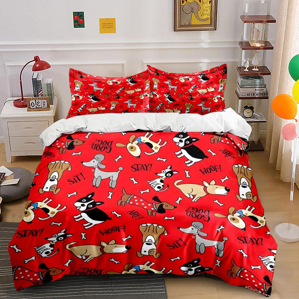 Playful Dog-Themed Fabric Design kid's and adults' bedroom decor, Exquisite three-piece bedding set gift