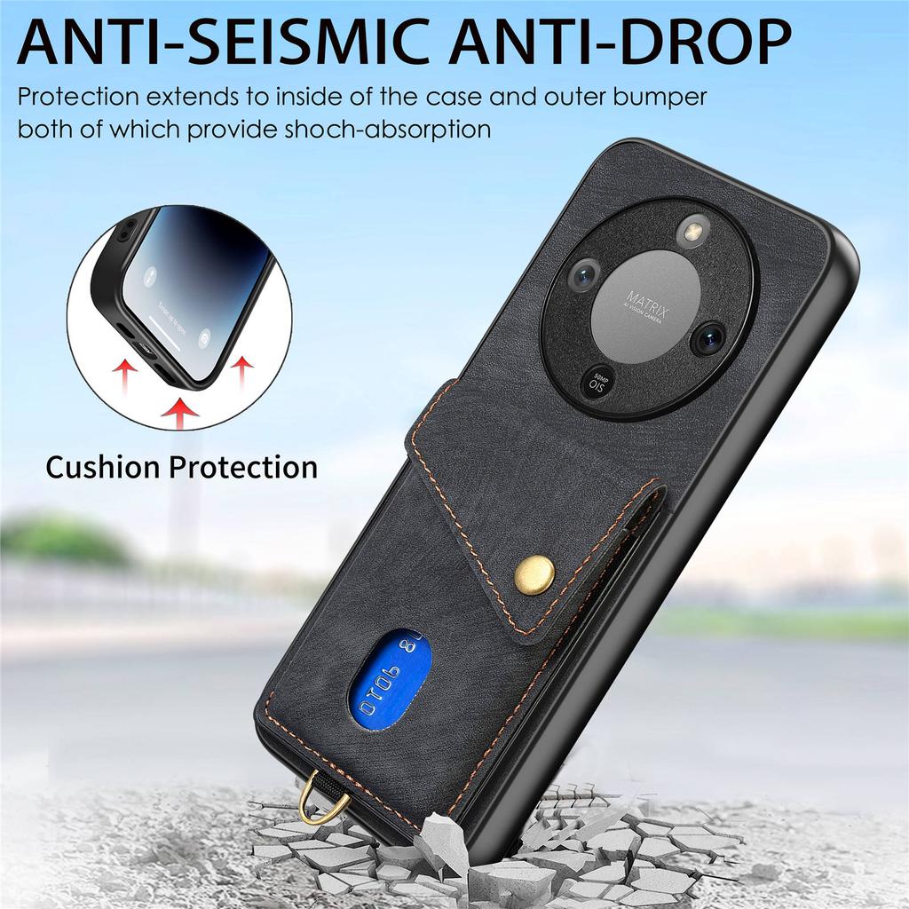 Чехол для телефона Honor Magic8 Lite 5G / X9d 5G / X70 5G с держателем для карт, подставкой, кожаной задней крышкой и ремешком на запястье