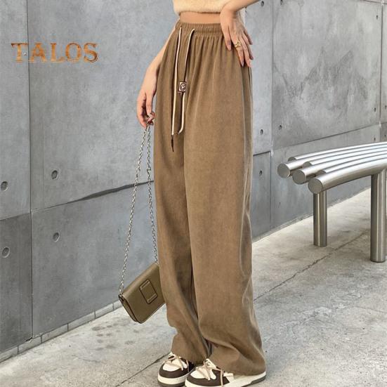 Женские брюки с эластичной резинкой и высокой талией, регулируемые длинные брюки с завязками, однотонные прямые широкие повседневные брюки для повседневной носки