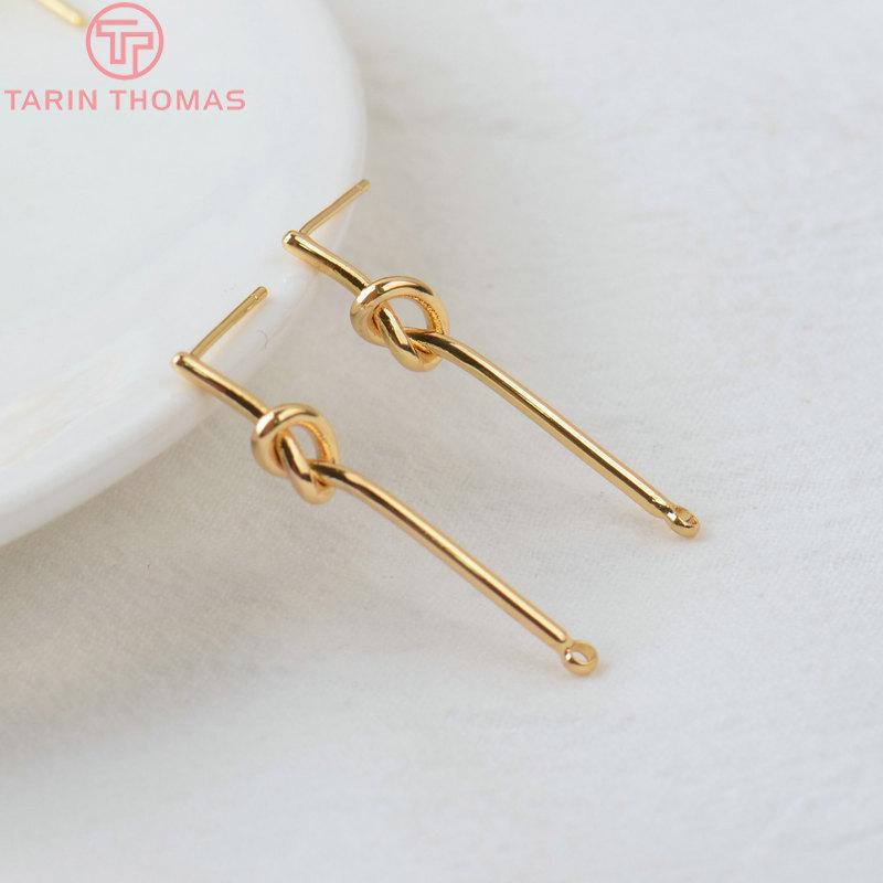 (3781)4PCS 27MM 35MM 24K Gold Color Plated Brass Long Line with Knot Stud Earrings High Quality DIY Jewelry Making Findings
