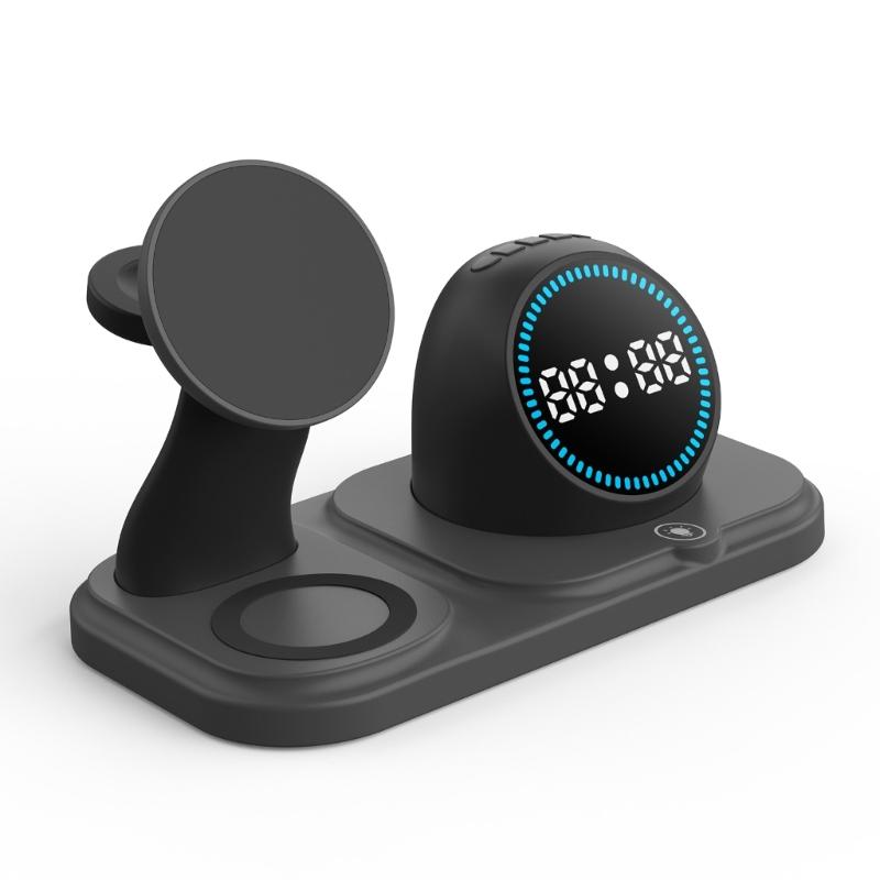 Беспроводная зарядка с Bluetooth-совместимым динамиком, цифровые часы и светодиодная подсветка, магнитный держатель для телефона