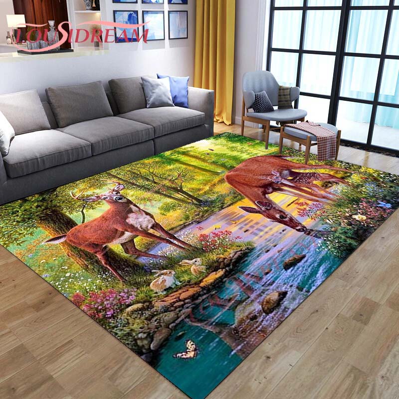 3D мультяшный ковер с оленем, дикая природа, горный пейзаж с лесным ковром для дома, гостиной, ковер с лосем для стирки, детские игровые ковры