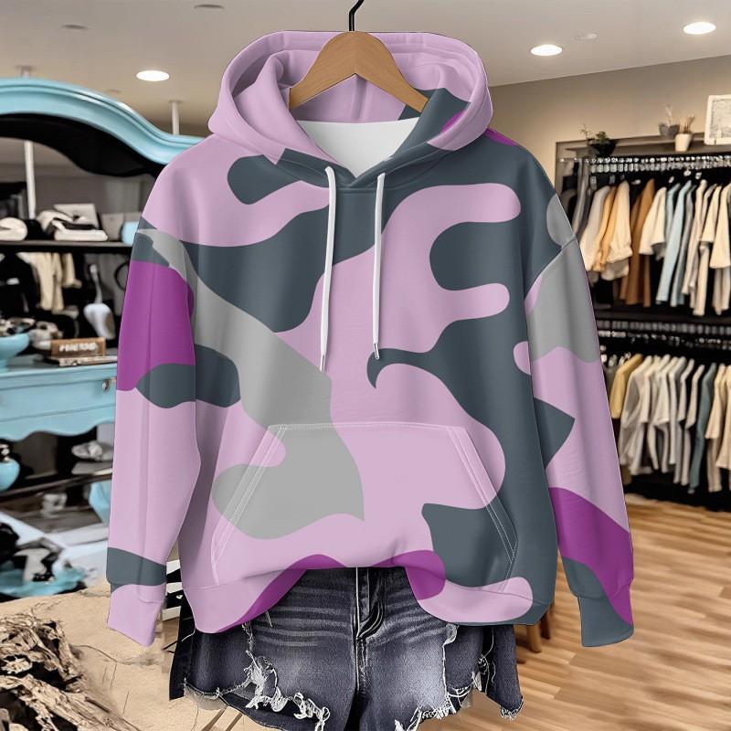 Womens Oversized Hooded Long Sleeve Sweatshirt With Floral Plaid Print Comfortable Breathable Casual Top
