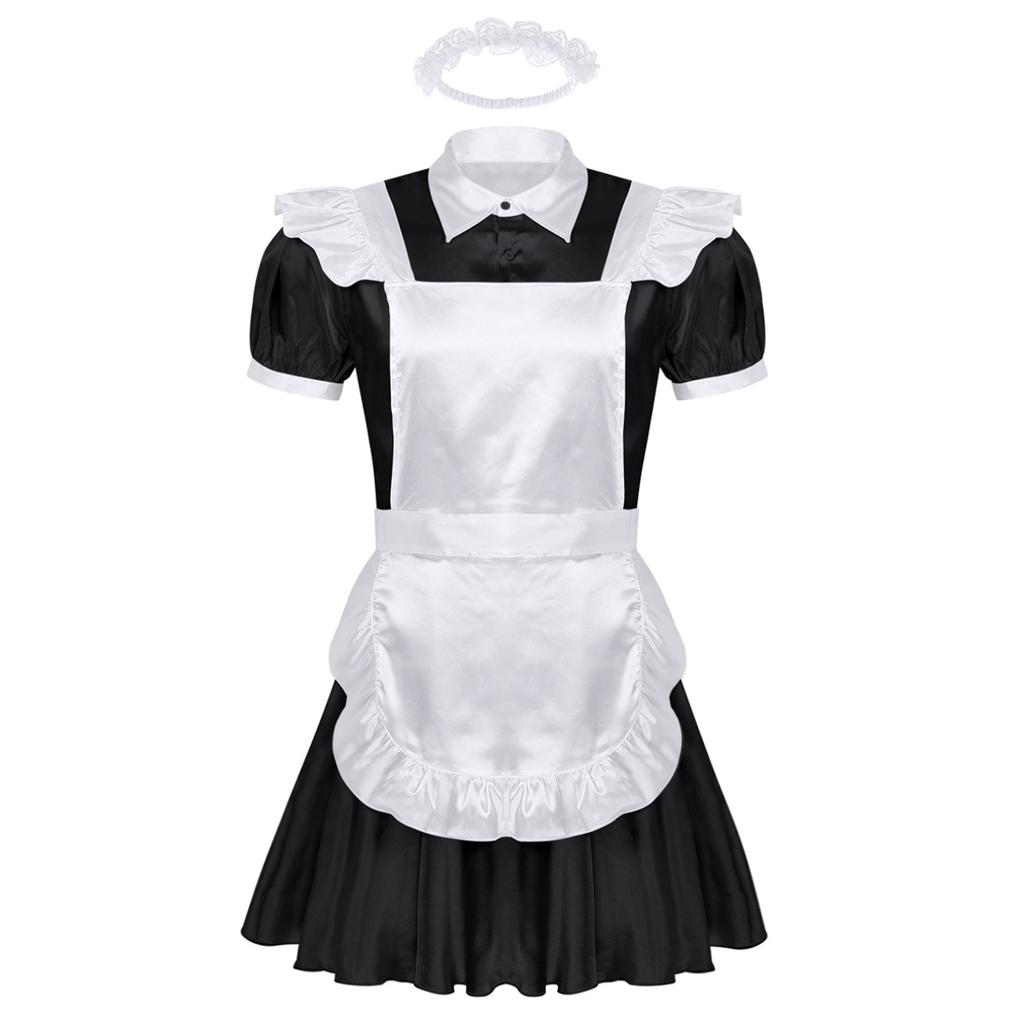 Men Sissy Maid Cosplay Outfit Puff Sleeve Front Button Down Dress with Apron and Headband
