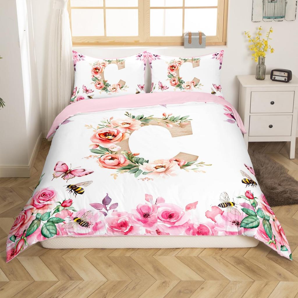 Initial Letter A Duvet Cover for Boys Girls Floral Monogrammed Bedding Set Romantic Rose Alphabet Quilt Cover with 2 Pillow Case