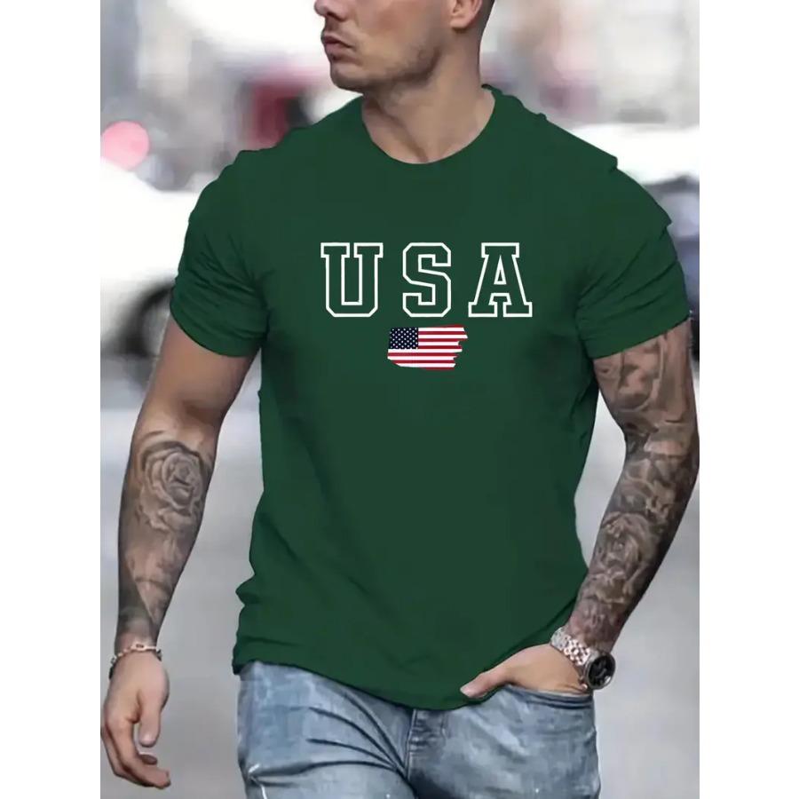 USA Print Short Sleeve T-Shirt For Male, Comfy Elastic Crew Neck Top, Men's Clothing For Summer Daily Wear & Workout