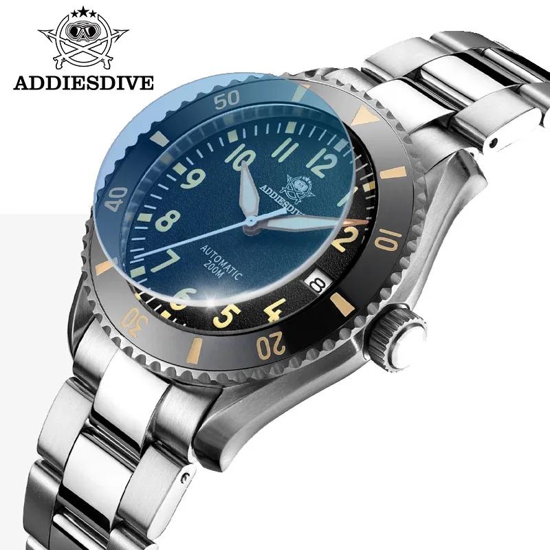 ADDIESDIVE NH35 Автоматические Механические Мужские Часы из Нержавеющей Стали с Сапфировым Стекловым Циферблатом Модные Дайверские 200м Супер-светящиеся Наручные Часы