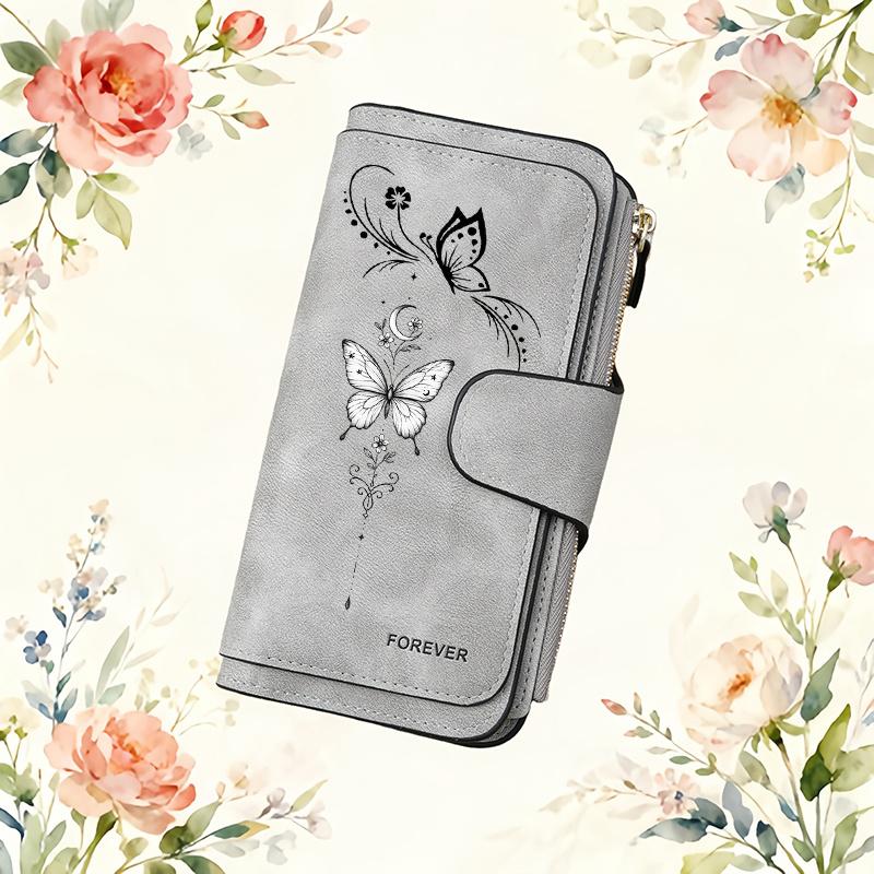 Butterfly-themed women's long wallet, multifunctional and portable, with snap closure, suitable for storing coins, ideal for birthday gifts or