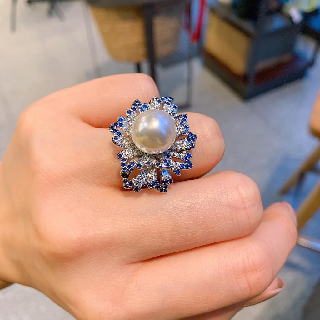 Австралийский рябчик жемчуг сапфир бриллиант, стильное кольцо, регулируемое кольцо