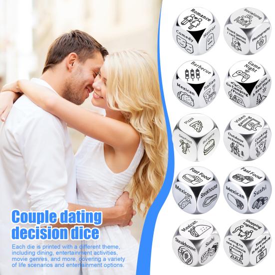 Date Idea Decider Dice Portable Stainless Steel Adults Couple Decision Dice 6 Sides Food Takeaway Decision Dice Girlfriend Boyfriend Gift