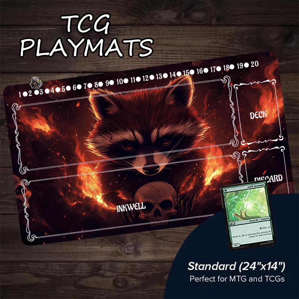 Dark Fire Raccoon Playmat with Zones Magic Card Game Play Mat Durable Rubber for Games 35X60cm Mouse Pad PC Offices Desk Mats