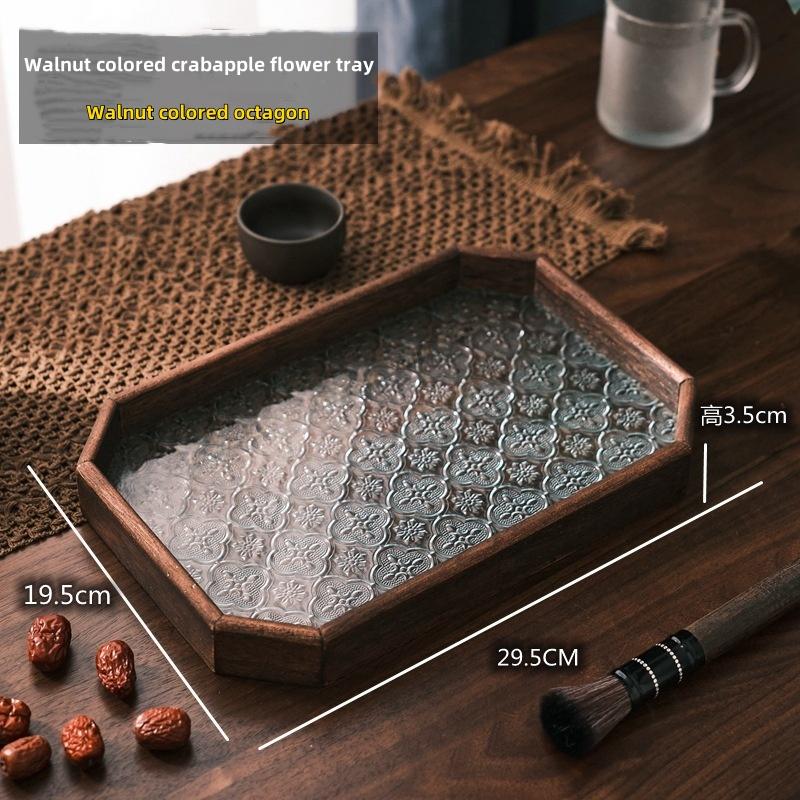 Vintage Wood Crabapple Glass Walnut Snack Storage Box Rectangular Tea Tray Dried Fruit Dim Sum Tray Household Tray
