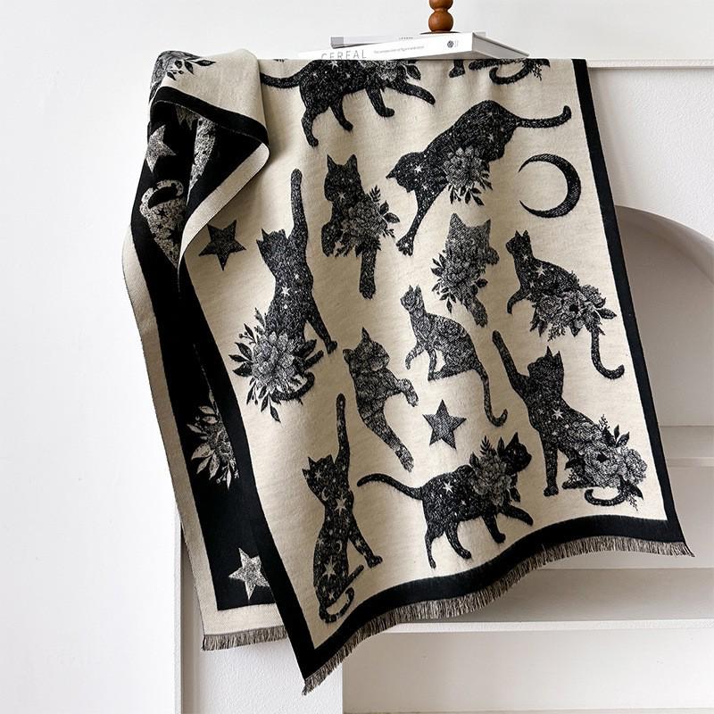 Autumn/Winter Double-Sided Imitation Cashmere Scarf with Cat Silhouette and Starry Sky Design