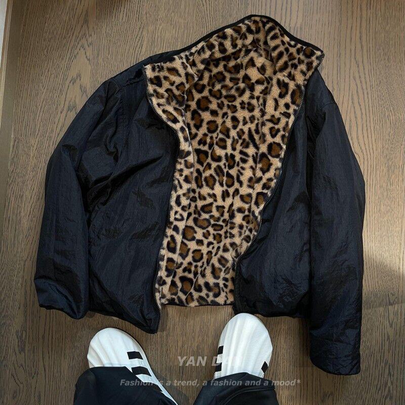 Мужская модная винтажная хлопковая двусторонняя куртка с леопардовым принтом и утолщенным кроличьим мехом - Американское ретро Зимнее пальто