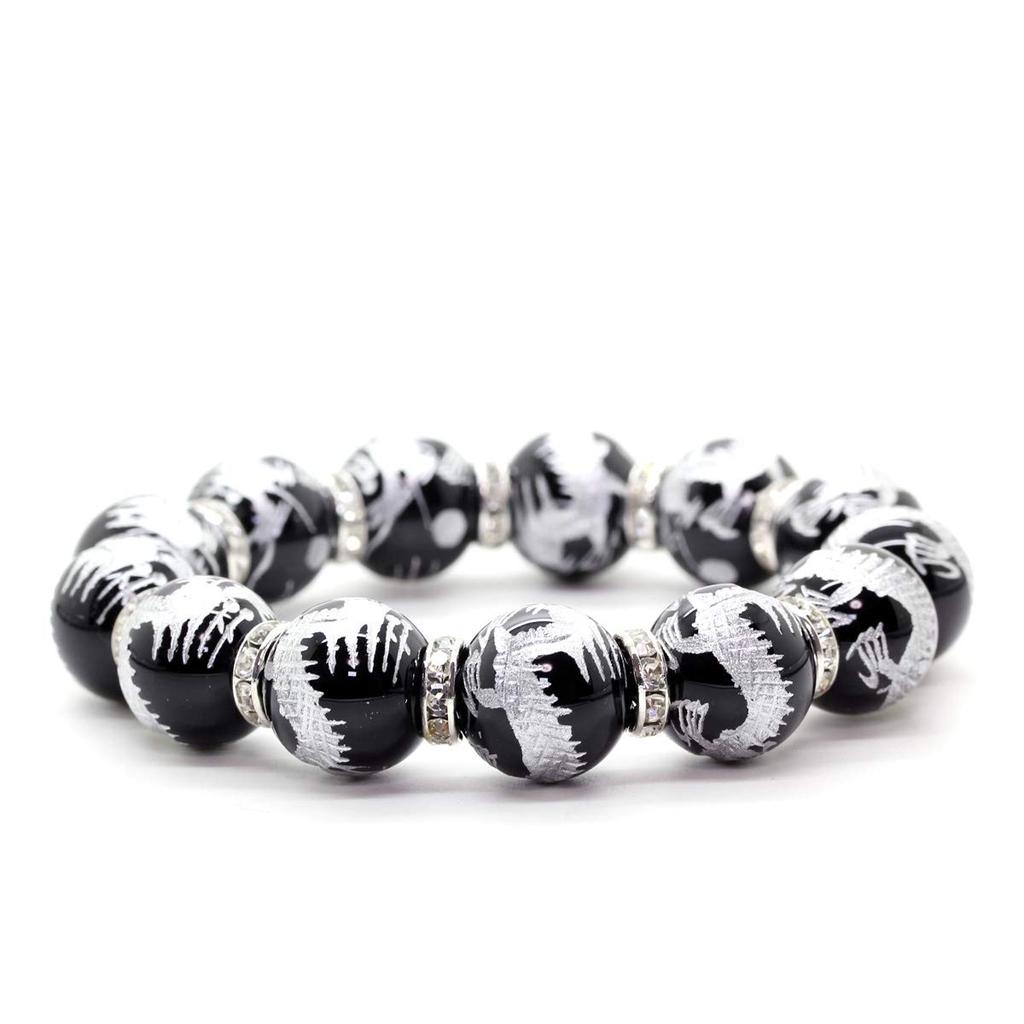 Серебряный резной пятилапый императорский дракон оникс 16 мм серебряный браслет из бусин Рондель с камнем силы [Sekihui] [b335]