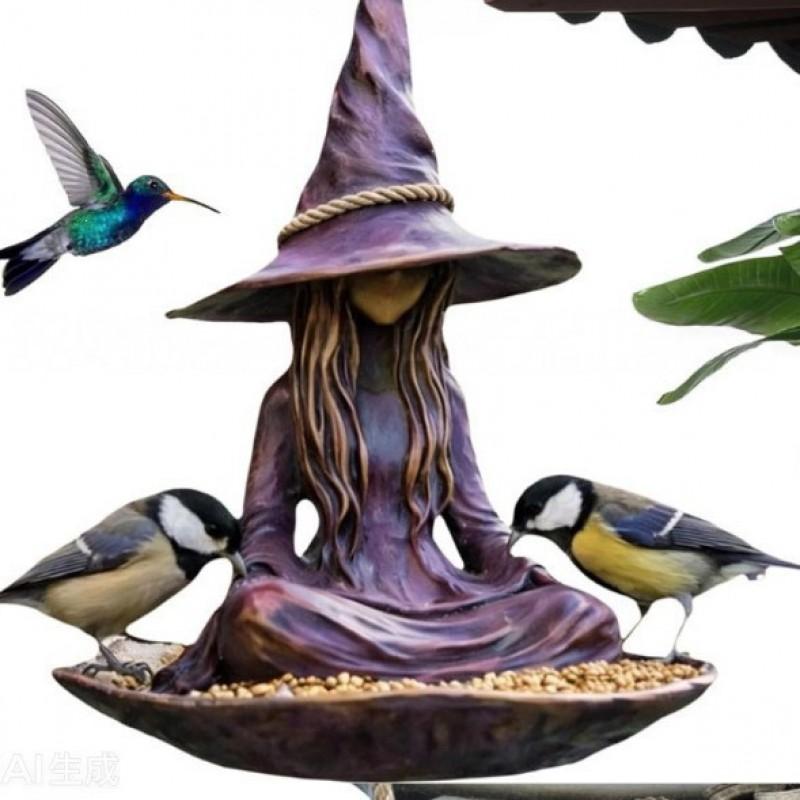 Resin Bird Feeder Outdoor Hanging Decor Witch Design Garden Yard Art