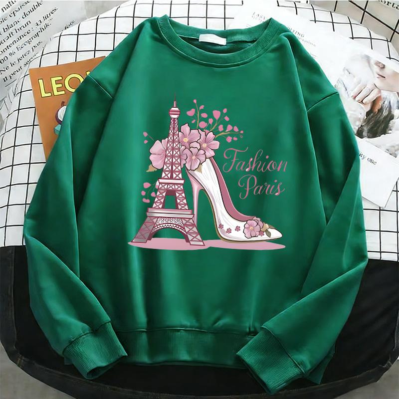 Fashion Paris Print Y2k Womens Hoodies 90s Long Sleeve Warm Fleece Sweatshirt Soft O-Neck Pullover Casual Female Clothes