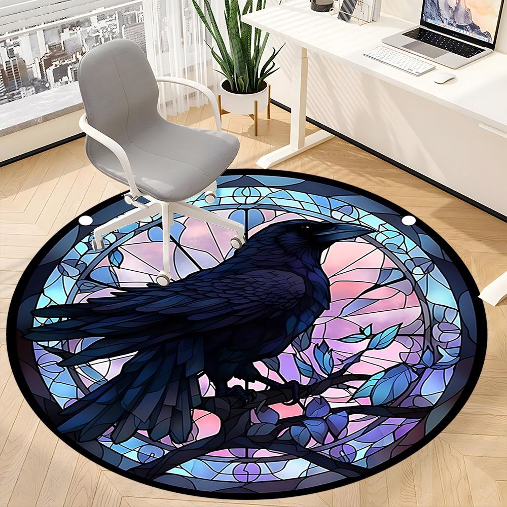 1PC Raven Artwork Office Round Rug, Non slip, Soft and Durable Office Rug for Interior Decoration, Perfect for Office