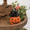Pink Wizard Hat Cat Halloween Pumpkin Figurine, Retro Black Stacked Resin Decorations Tabletop Figurine for Table Desk Office Mantel Home Fireplace