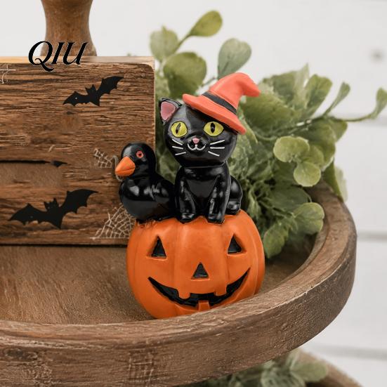 Pink Wizard Hat Cat Halloween Pumpkin Figurine, Retro Black Stacked Resin Decorations Tabletop Figurine for Table Desk Office Mantel Home Fireplace