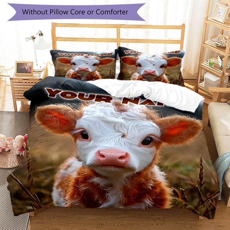 3PC Custom Name Baby Cow Adventure Bedding Set Printed Bedding Set Duvet Cover Closure Includes 1 Duvet Cover & 2 Pillowcases for All Seasons Bedroom