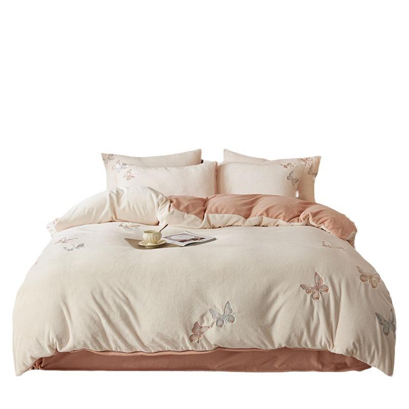 Высококачественный утяжеленный толстый флис молочного цвета, комплект из четырех предметов Mengdie, девчачий, с сердечками, простыня, пододеяльник, шапка на кровать для тепла