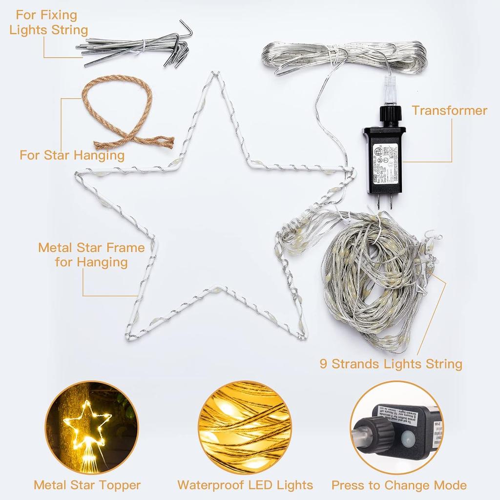 Christmas Decorations Star String Lights - 344 LED 11.8ft 9 Strands Waterfall Tree Lights with Topper Star, 8 Lighting Modes Christmas Lights Indoor