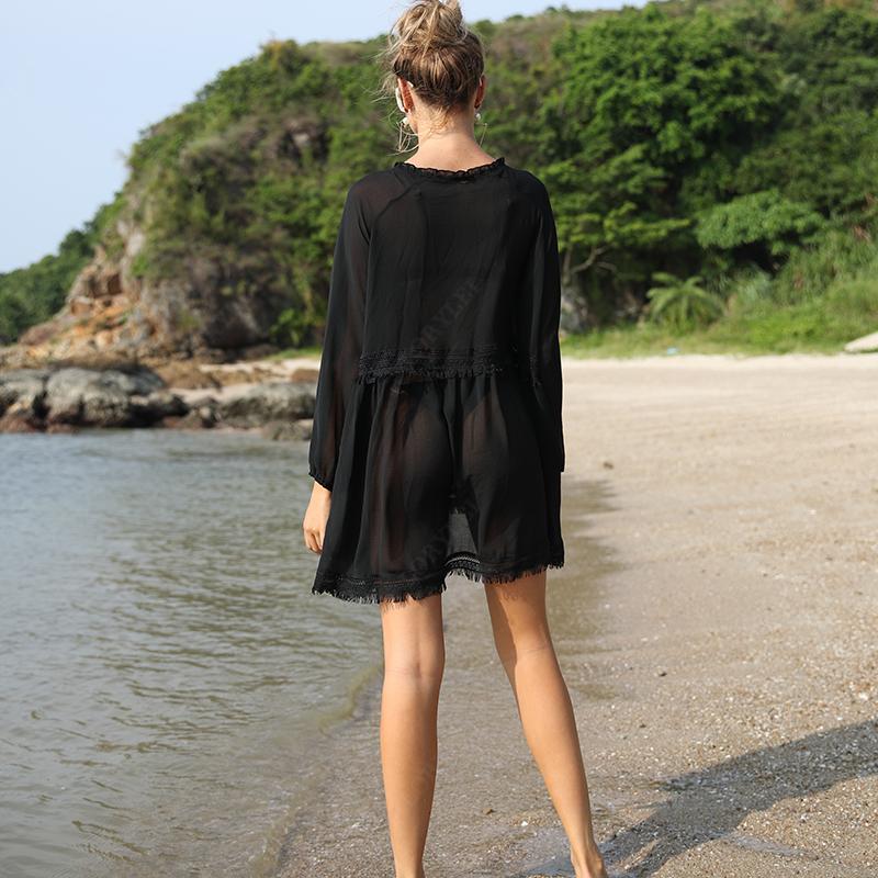 Summer New Beach Bikini Cover-up Sexy V-neck Lace Stitching Micro-sheer Chiffon Skirt Lantern Long-sleeved Loose Women's Swimwear Cover-up Q1056