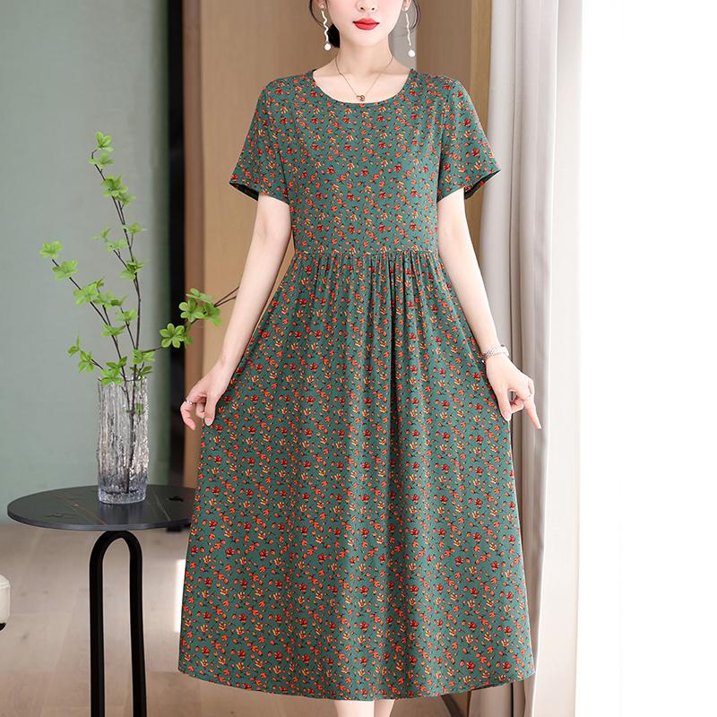 Elegant Long Dresses Women Summer Casual Short Sleeve Vintage Dress Korean Style O-Neck Female Clothing