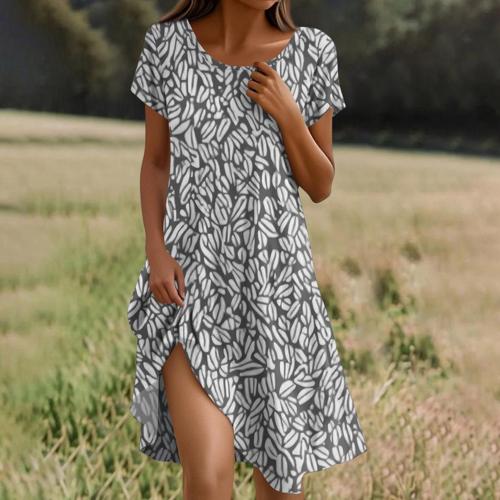 Short Sleeve Boho Dress For Women Casual Loose Fit Summer Sundress Floral Print Dress With Pockets