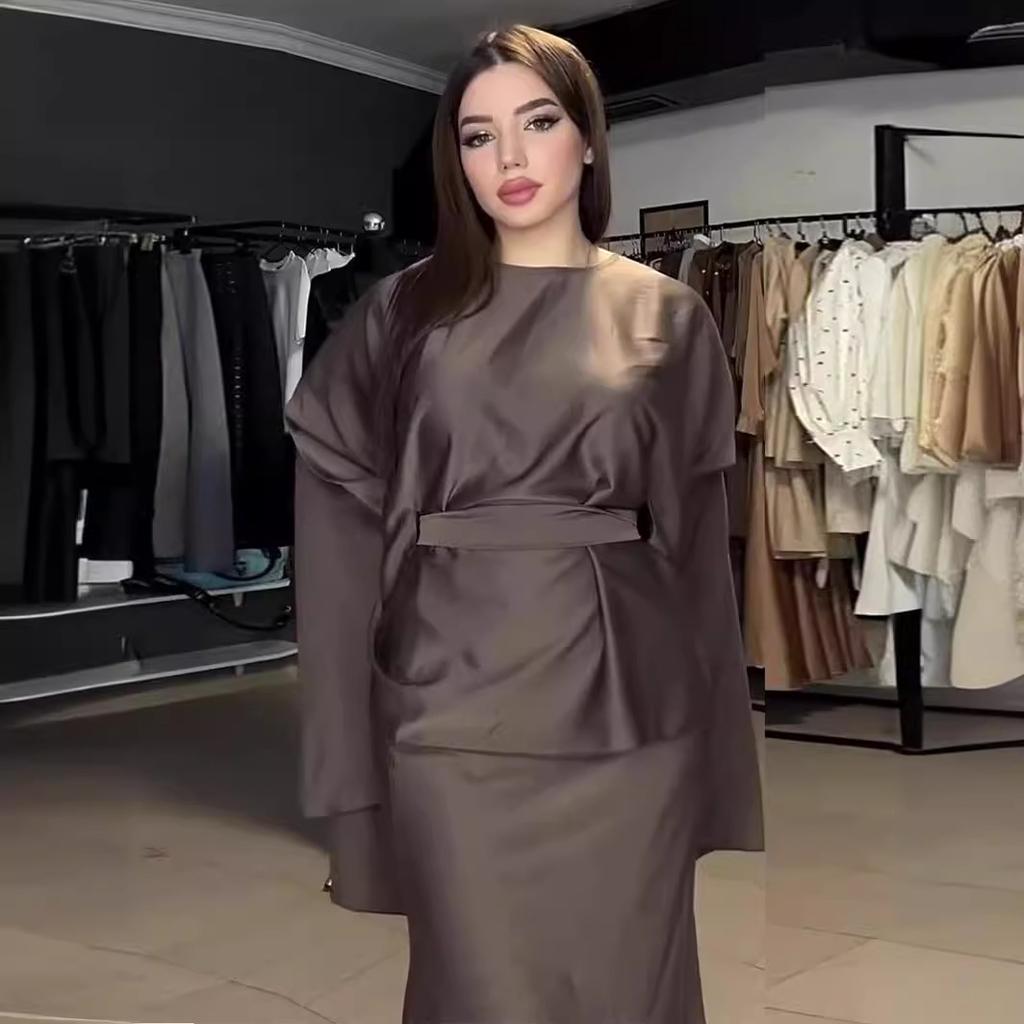 GMXIA Весеннее платье с длинным рукавом и круглым вырезом, рукавом «летучая мышь», атласное платье со шнуровкой на талии и заниженной талией