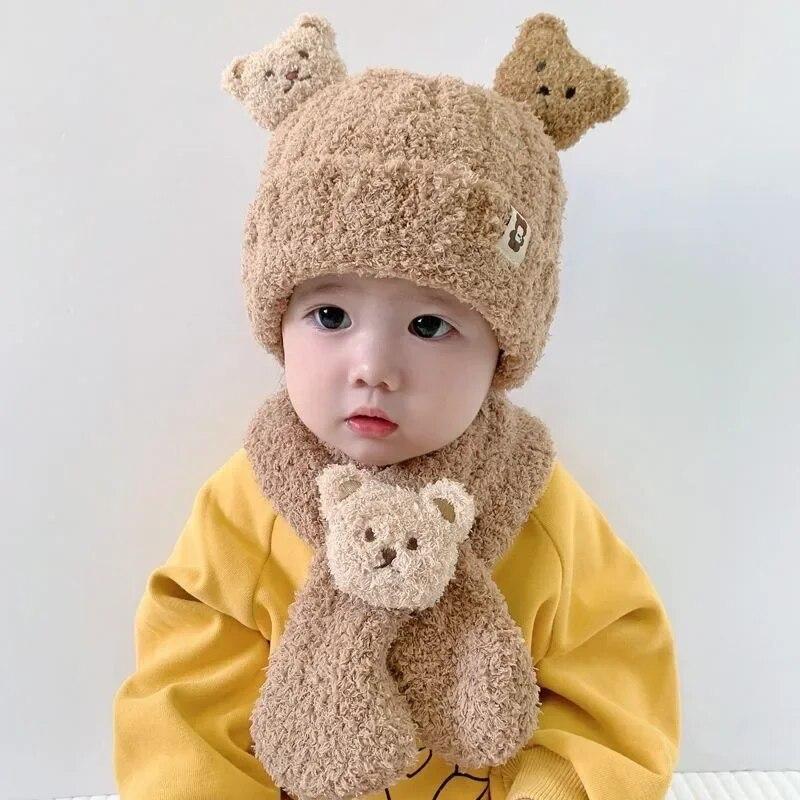 2pcs Little Bear Plush Baby Hat Autumn/Winter Baby Hat Scarf One Piece Set for Children's Warm Ear Protection Hat Super Cute