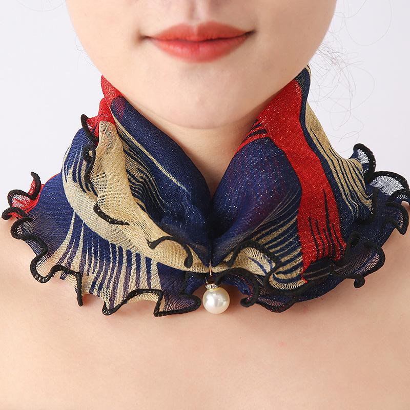 Lace Elegant Thin Neckerchief Colorful Print Mesh Scarf Faux Pearl Pendant Neck Scarf Gauze Women Accessories