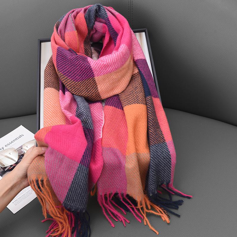 Imitation Cashmere Scarf Women's Autumn and Winter Classic Plaid Casual Fringed Student Long Shawl Scarf